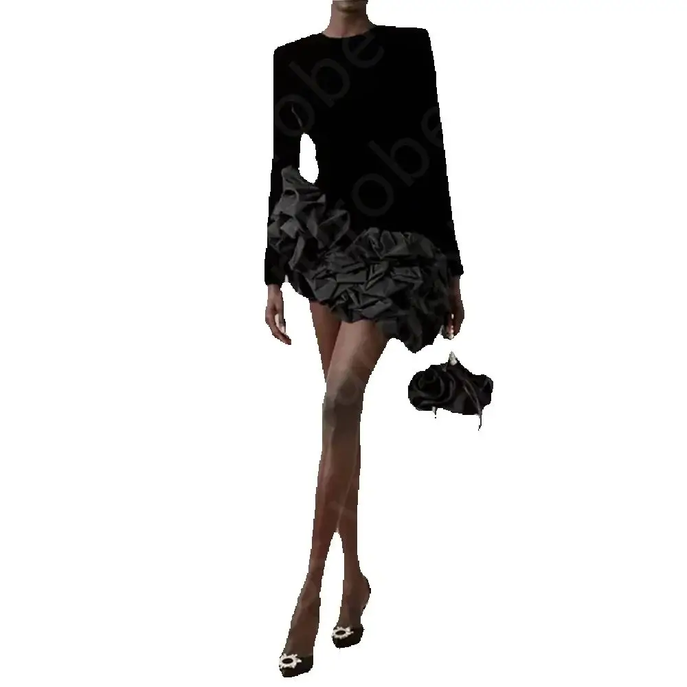 Personalizado novo clássico vestidos de cocktail preto 2025 vestidos de festa de baile mangas compridas vestidos de baile mini comprimento babados saia