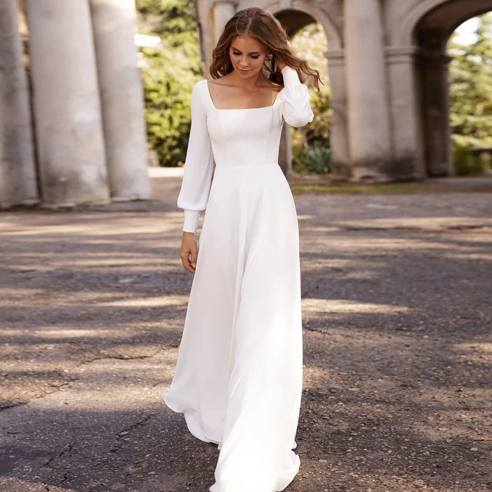 

Simple Long Sleeves Wedding Dress Modest Square Neck Backless Bride Gowns A Line Robe Marriage Vestido De Noiva 2024