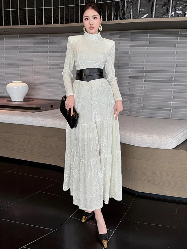 

Velvet Winter Dr Women's Floor-Length Slimming High Waist f High Collar Long Sve Casual Drill Embellied Gown