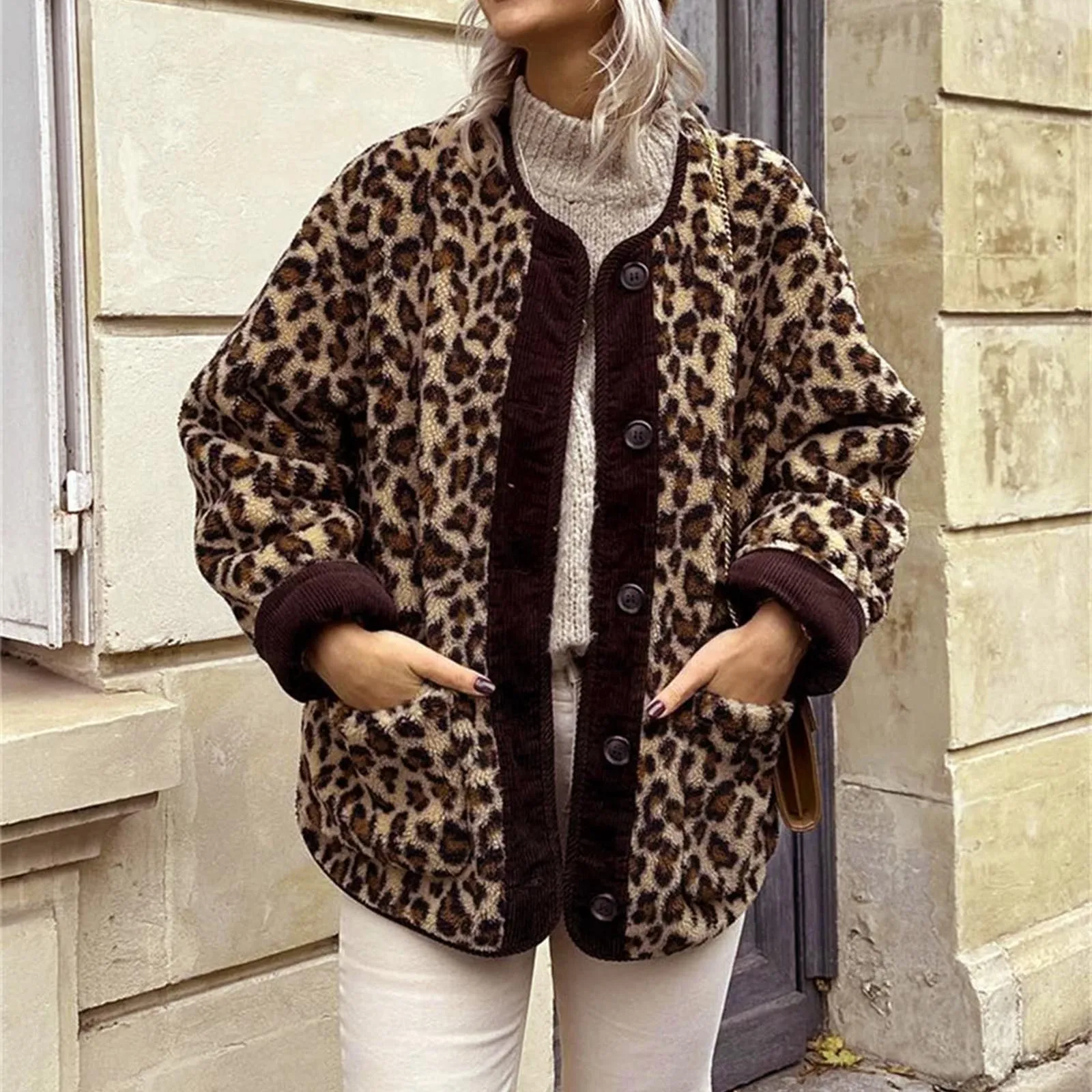 

Women Leopard Print Jacket Fashion Long Sleeve Button Closure Winter Jacket Casual Warm Outwear