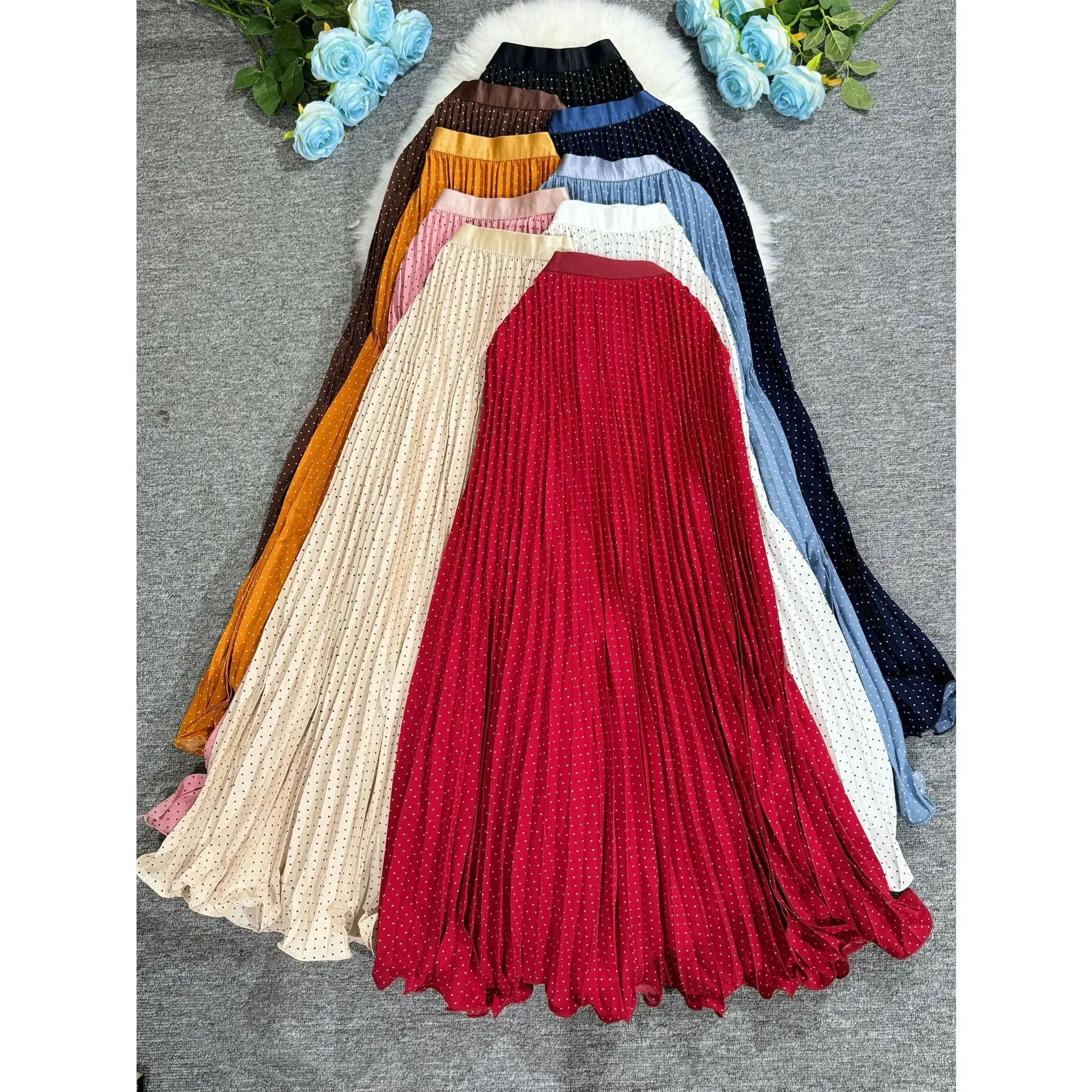 

Polka Dot Print High Elegant A-line Pleated Long Skirt For Women 2025 Spring autumn Office Lady Casual Leopard Skirts