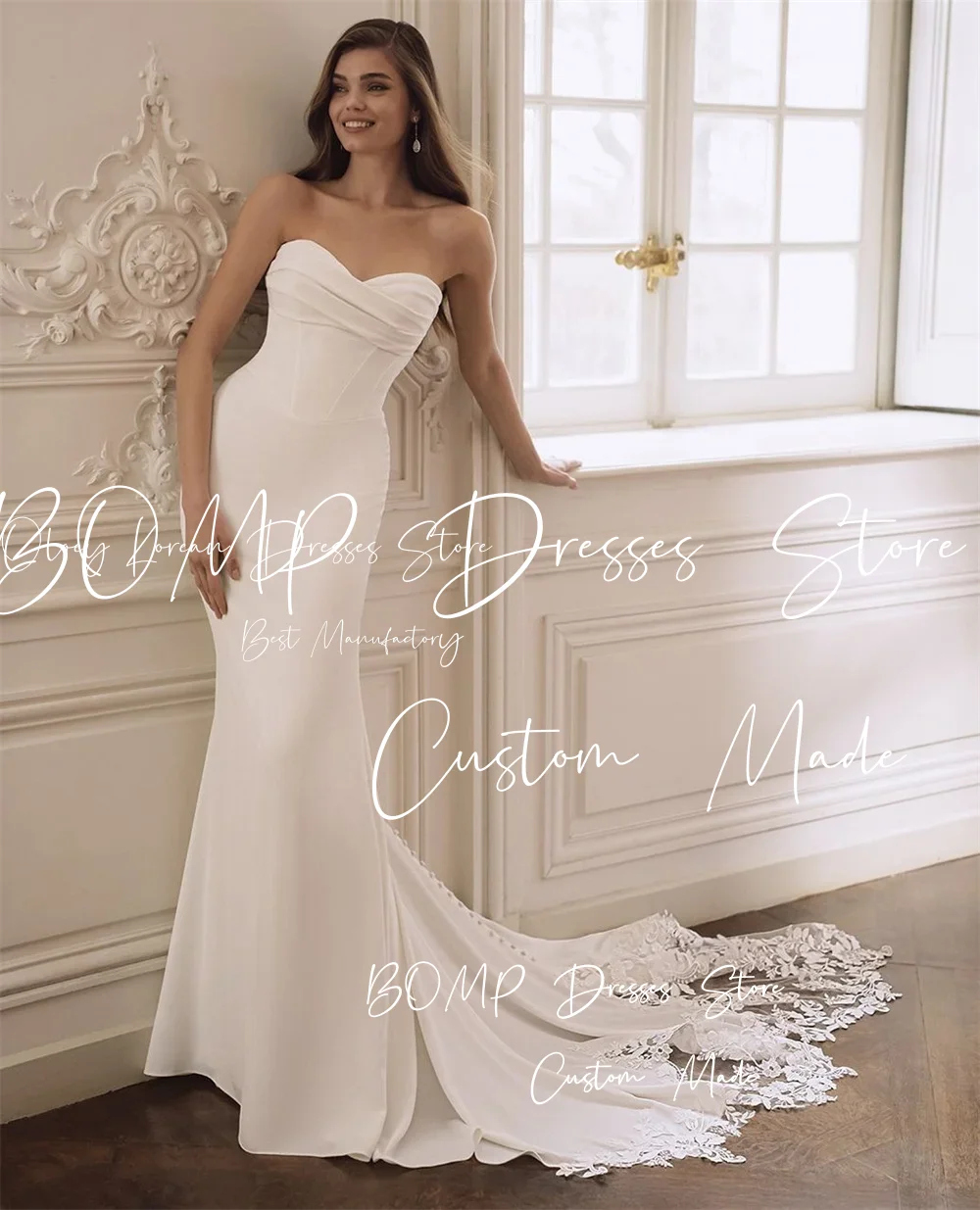 BOMP op maat gemaakte witte trouwjurk met hartvormige halslijn, mouwloos, rits aan de achterkant, vestidos de noiva, sexy zeemeermin satijnen avondjurk 2026