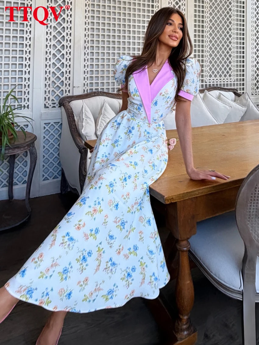 

TTQV Fashion Slim Print Women's Dress 2026 Summer Lapel Short Sleeve Ankle Length Dresses Elegant Classic Patchwork Female Dress