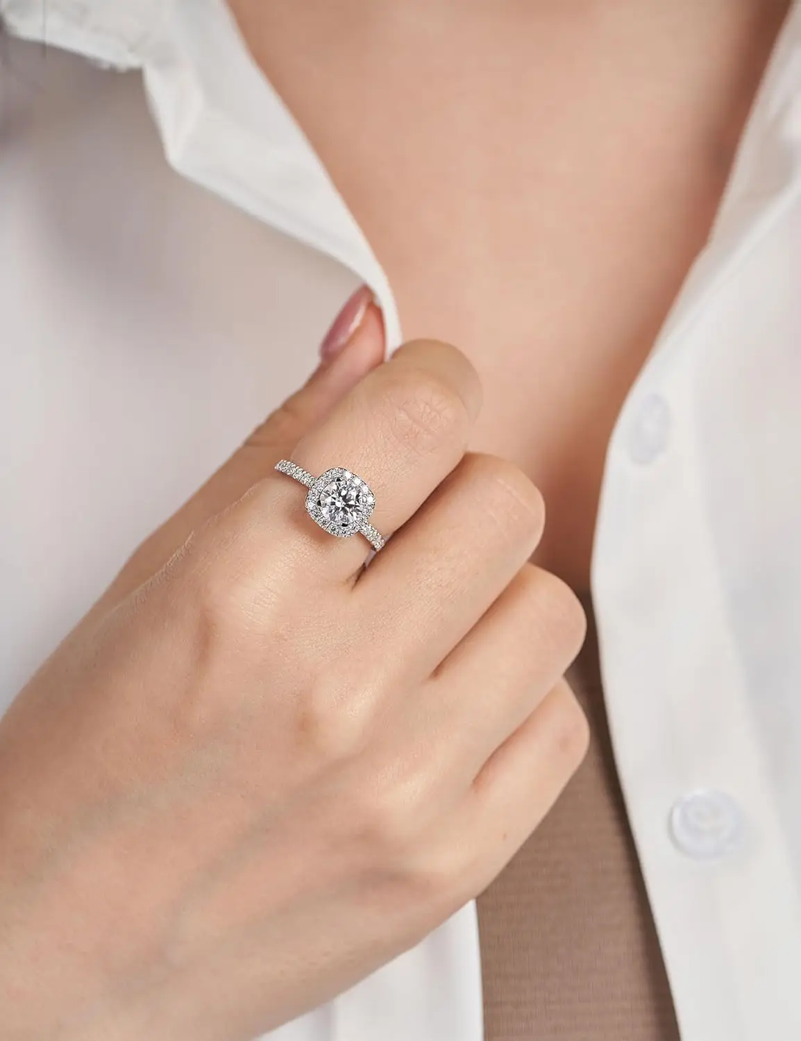 خواتم خطوبة سوليتير للنساء خاتم هالة خواتم وعد لها مطلية بالفضة الاسترليني خواتم من الذهب الأبيض عيار 18 قيراط fo