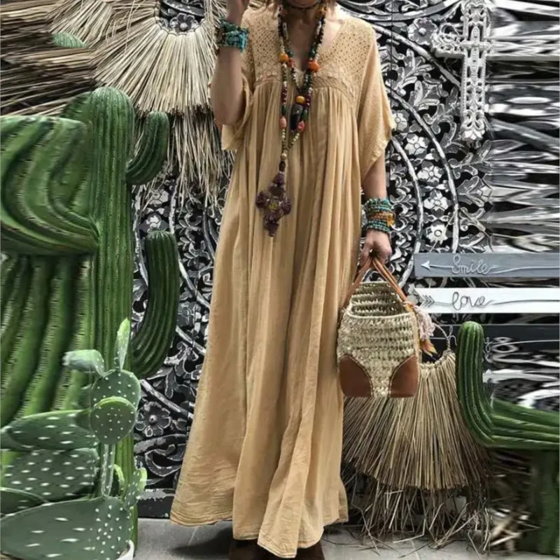 

Summer Fashion Boho Cotton Long Dress For Women Casual V-neck Lace Hollow Half Sleeve Solid Color Maxi Dresses Robe Femme