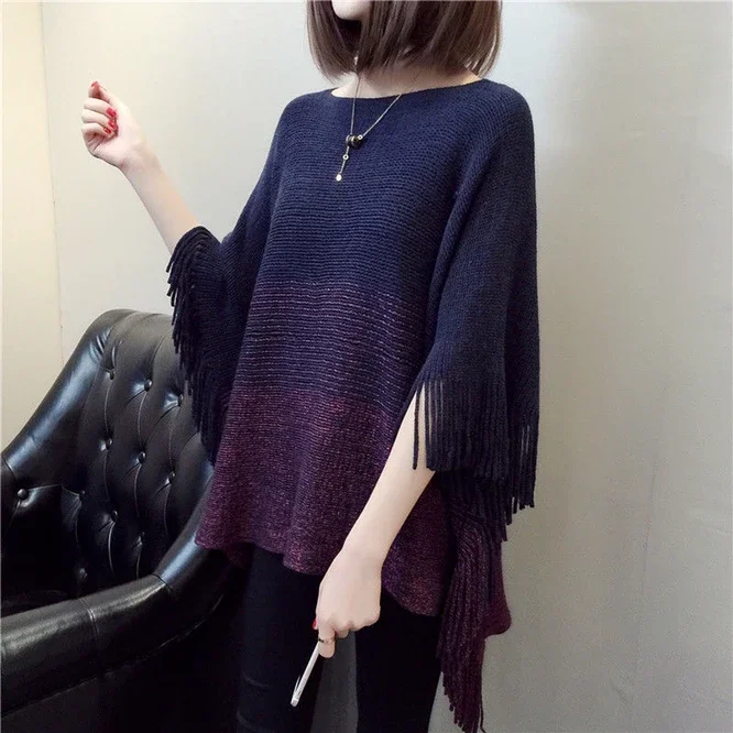 

Spring Autumn New Women's Shawl Tassel Large Knitted Cloak Blouse Air Conditioning Blouse Pullover Cloak Purple