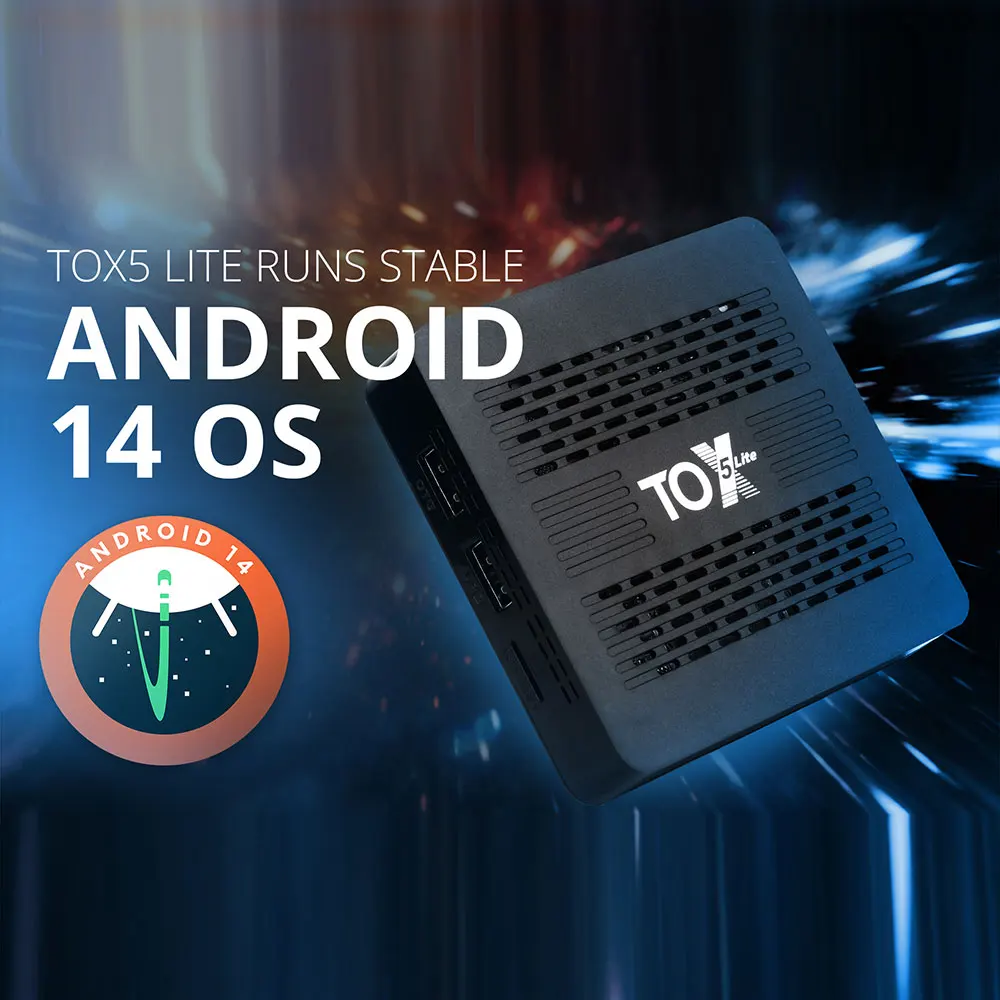 Boîtier TV intelligent TOX5 Lite Android 14 2 Go 32 Go avec S905X5M, double Wi-Fi, LAN 1000M, BT4.1, prise en charge H.265 4K 60fps, lecteur multimédia DLNA