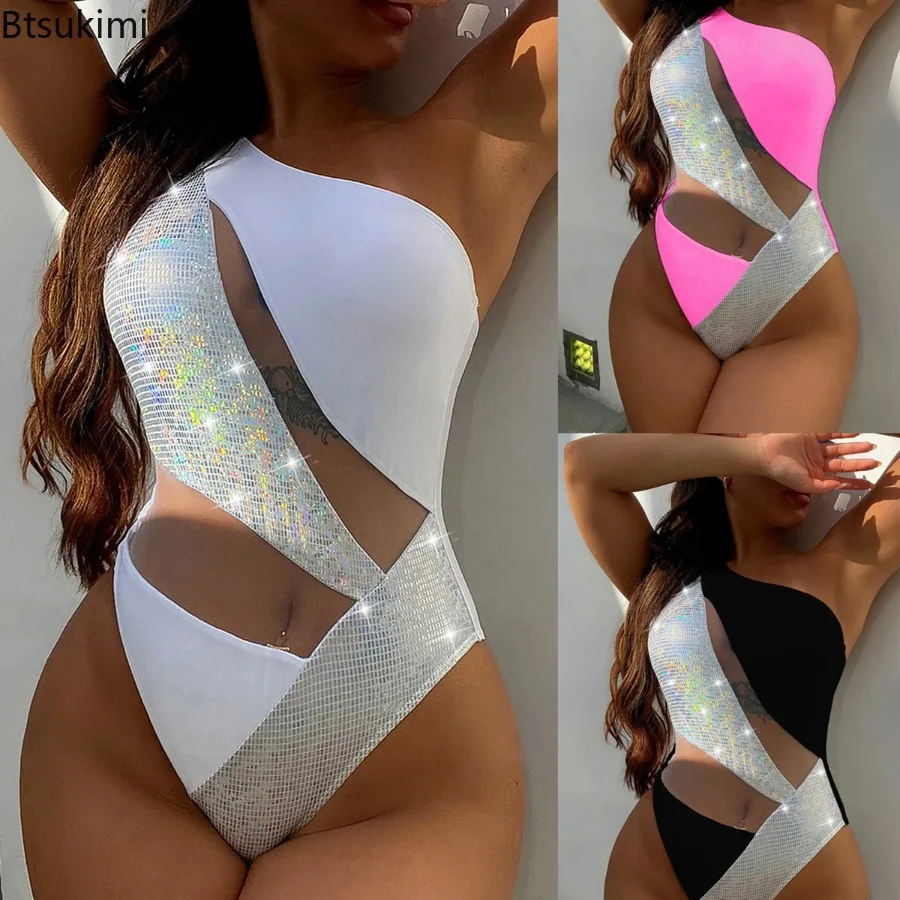 

2025 Women's Shiny Swimsuit Sexy Hollow Out Glitter Swimwear Luxury Bikinis Women One-piece Monokini One Shoulder Bathing Suit