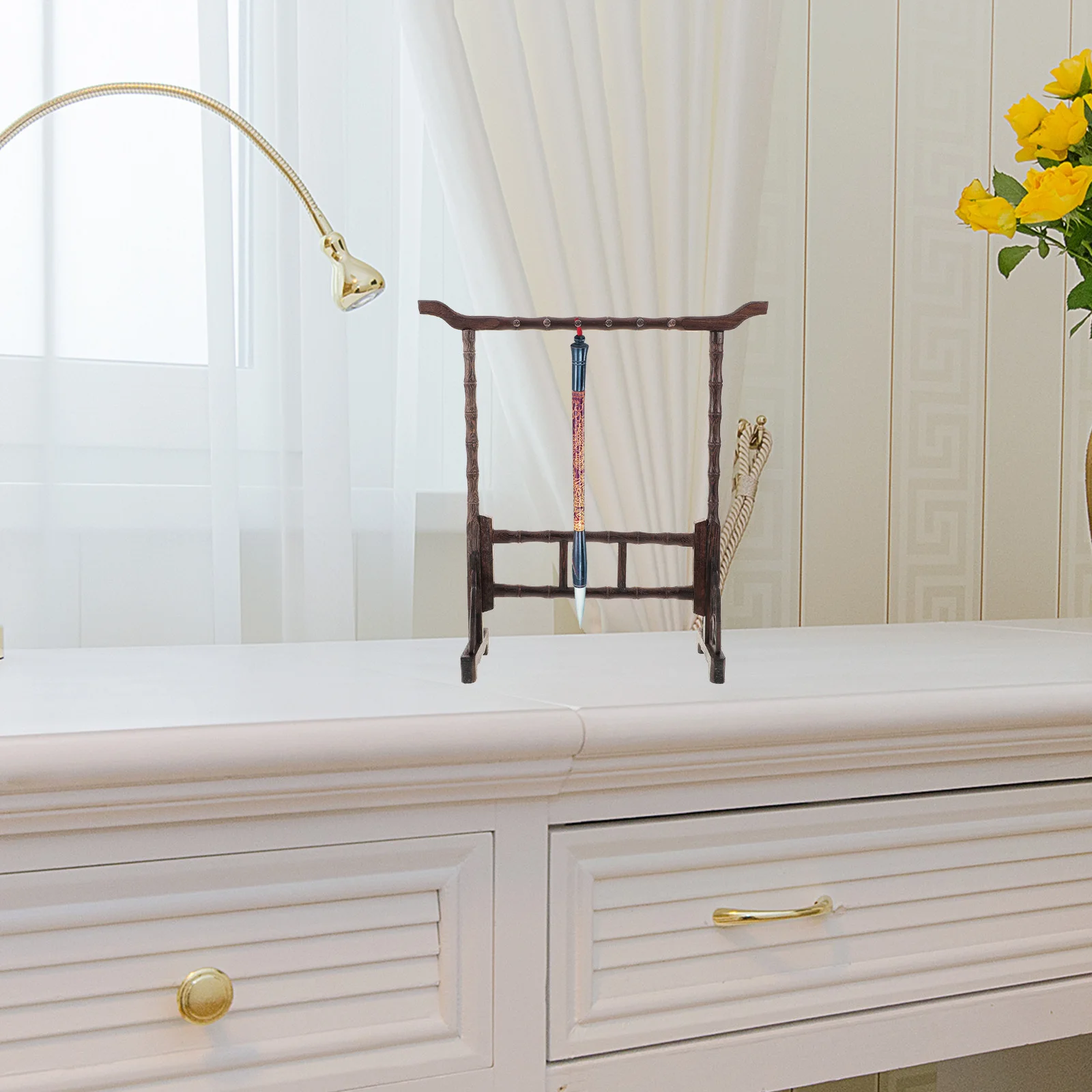 Calligraphy Brush Holder Bamboo Pen Hanging Rack 12-Pen Capacity Handcrafted Desktop Display Stand for Office School Decor