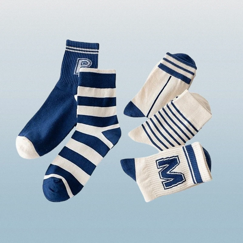 Calcetines de algodón peinado a rayas para mujer, medias informales de tubo medio, con letras M, color azul, alta calidad, 5/10 pares