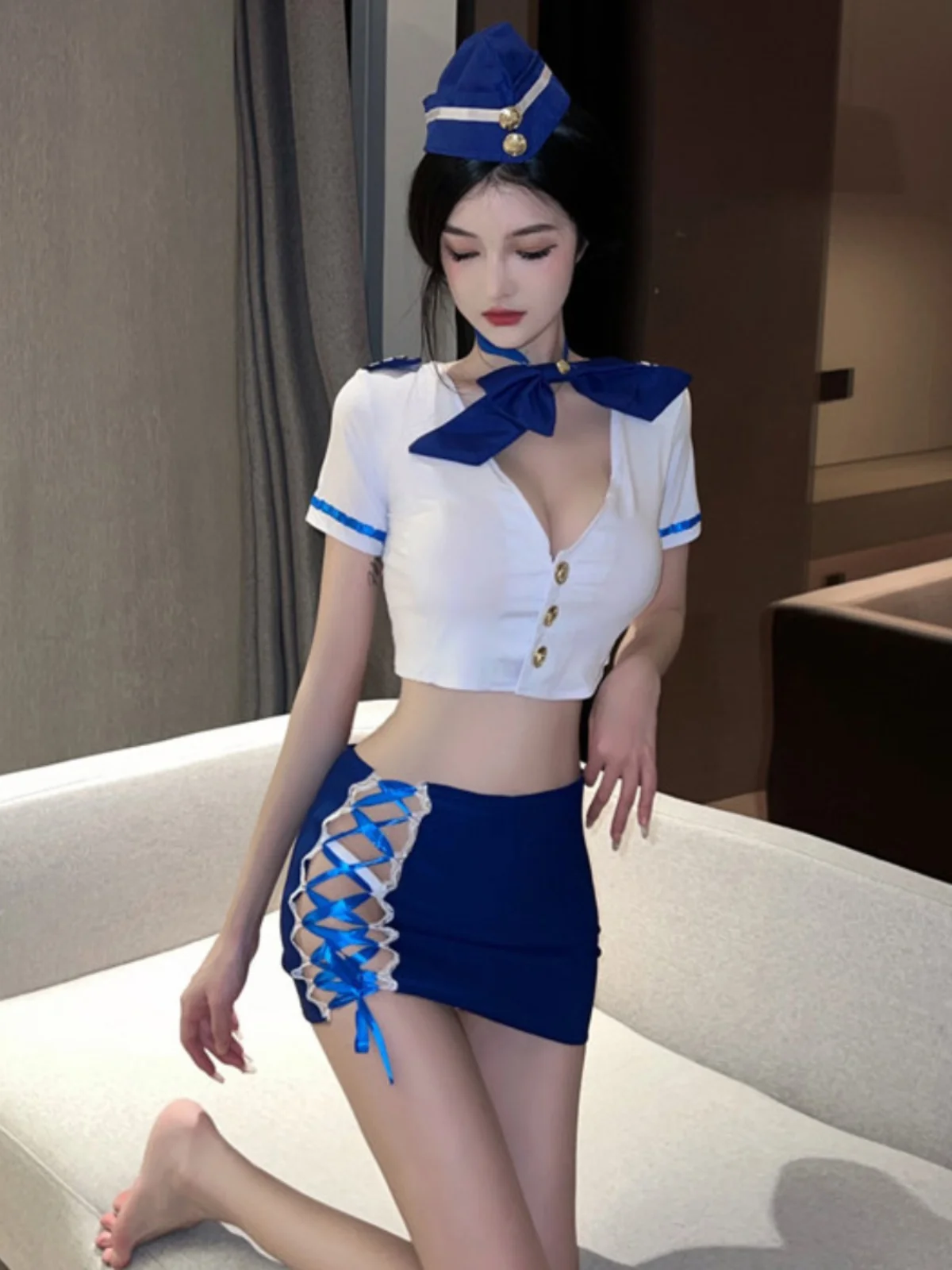 

Весенний комплект Faion с галстуком-бабочкой Облегающая юбка V-ne Enhance Chest Темно-синяя соблазнительная женская одежда Студенческий orm Рабочий наряд