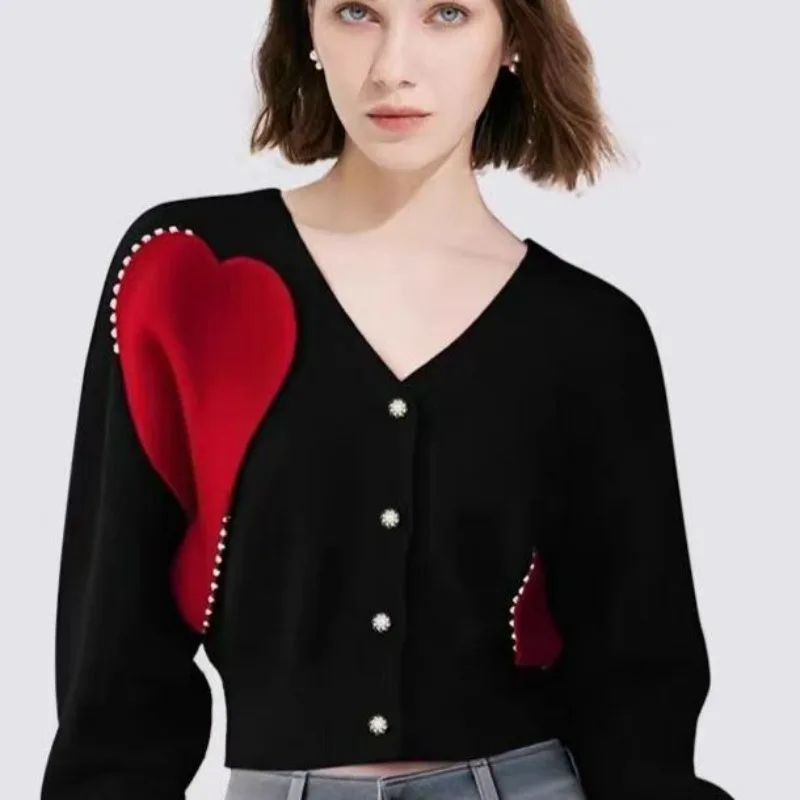 

Loose Heart-shaped Knitted Sweater Women Long Sleeve Short Knit Jacket Korean Fashion V-Neck Cashmere Jumper Cardigan