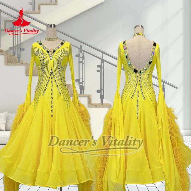 ชุดเดรสแขนยาวประดับขนนกกระจอกเทศสำหรับเต้นบอลรูมหญิง พร้อมสร้อยคอ ชุดเต้นฟ็อกซ์ทร็อต ควิกสเต็ป แทงโก้ แบบสั่งตัดพิเศษสำหรับนักเต้น