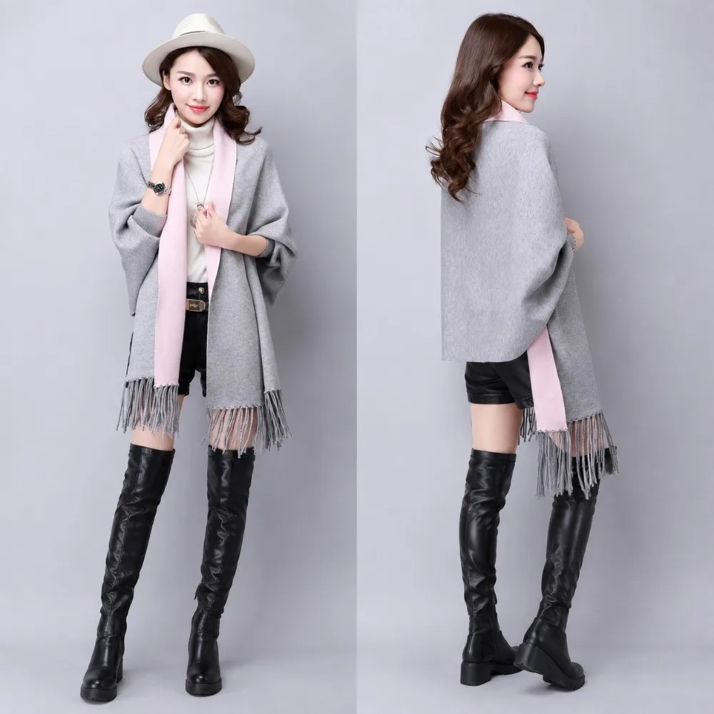 Two Tone Reversible Cape Cardigan Viscose Fiber Solid Color Open Front Poncho Thick Oversized Fit Poncho Shawl Wrap