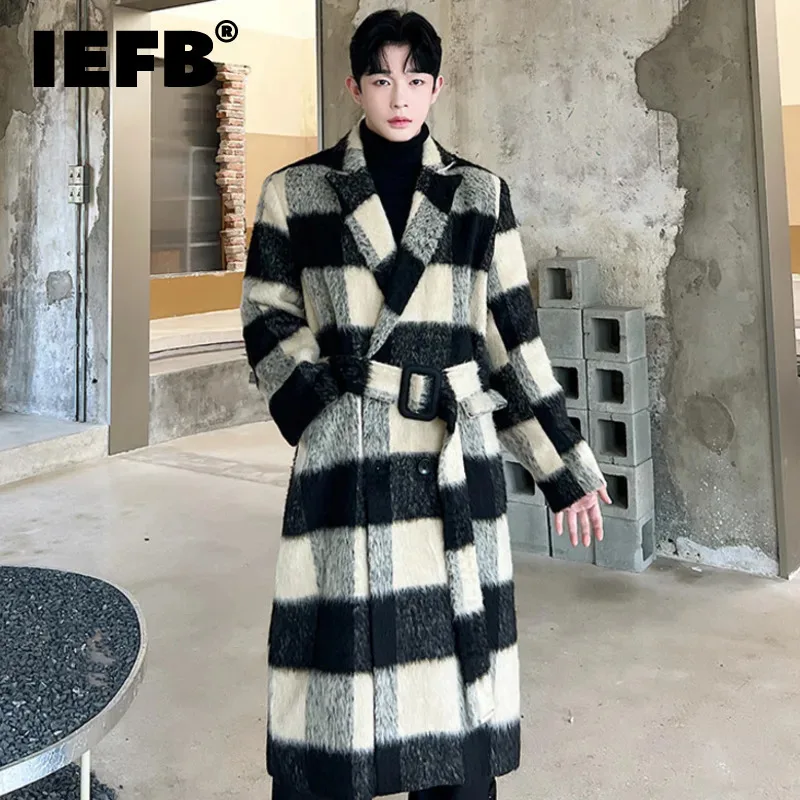 

IEFB Thickened Male Woolen Coats Korean Stylish Plaid Contrast Color Turn-down Collar Knee Length Men's Trench Spring New 9C2744