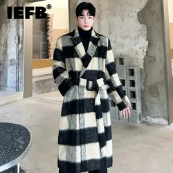 IEFB Thickened Male Woolen Coats Korean Stylish Plaid Contrast Color Turn-down Collar Knee Length Men's Trench Spring New 9C2744