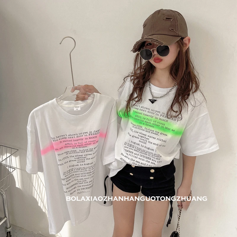 

Summer Girls T Shirt Baby Tee Shirt Kids Tops Children Streetwear Clothes Fashion Letter Print Radient Color Cotton 4-13Y