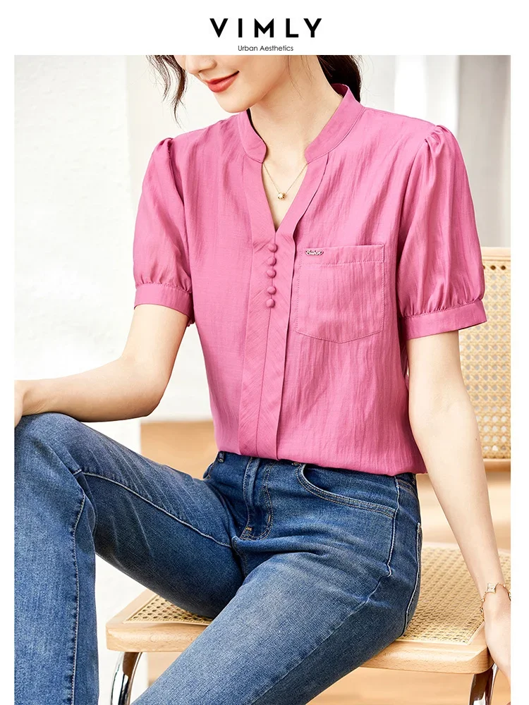 Camicetta da donna estiva a maniche corte con scollo a v vivace 2023 maniche a sbuffo alla moda camicie eleganti in Chiffon Casual allentate dritte Top da donna