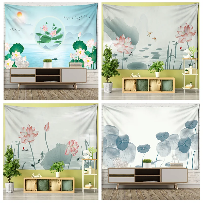 

Lotus Goldfish Ink Painting Tapestry Lotus Leaf Landscape Living Room Home Background Hanging Cloth Wall Decoration TAPIZ