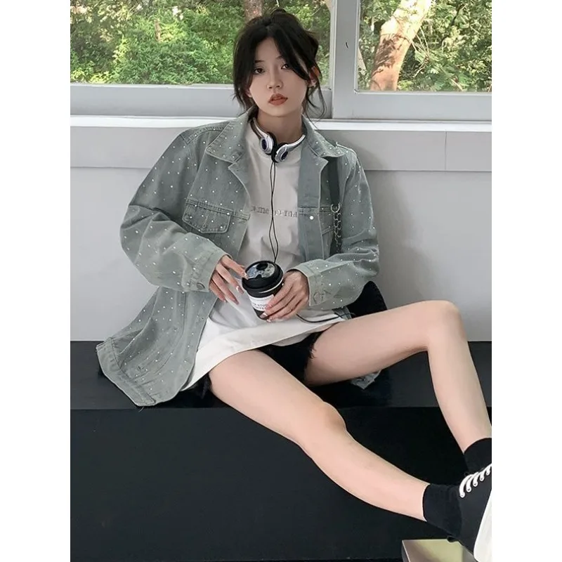 

New Womens Design Sense Heavy Industry Hot Diamond Denim Jacket Spring Autumn Loose Basic Jacket Female Korean Motorcycle Jacket