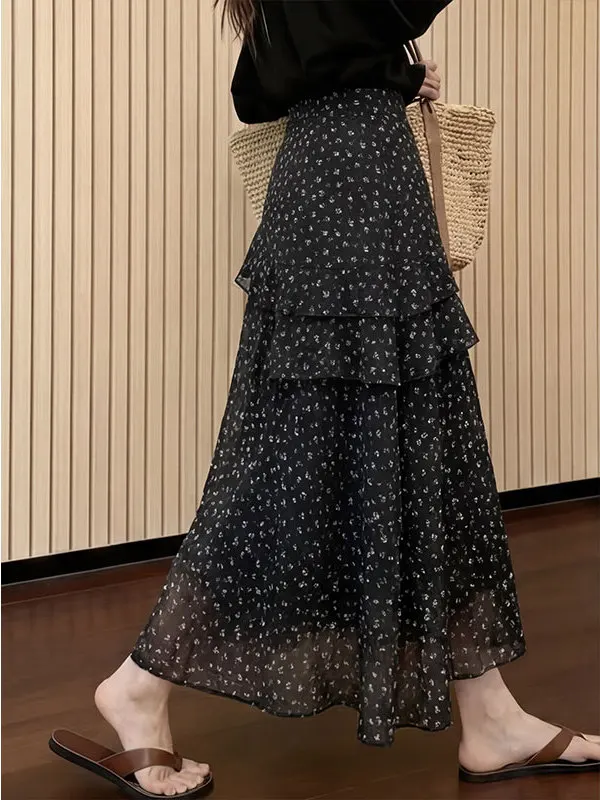 

Black Floral Hem A-Line Skirt Women's Summer 2026 High Waist Versatile Slimming Umbrella Skirt Long Skirts