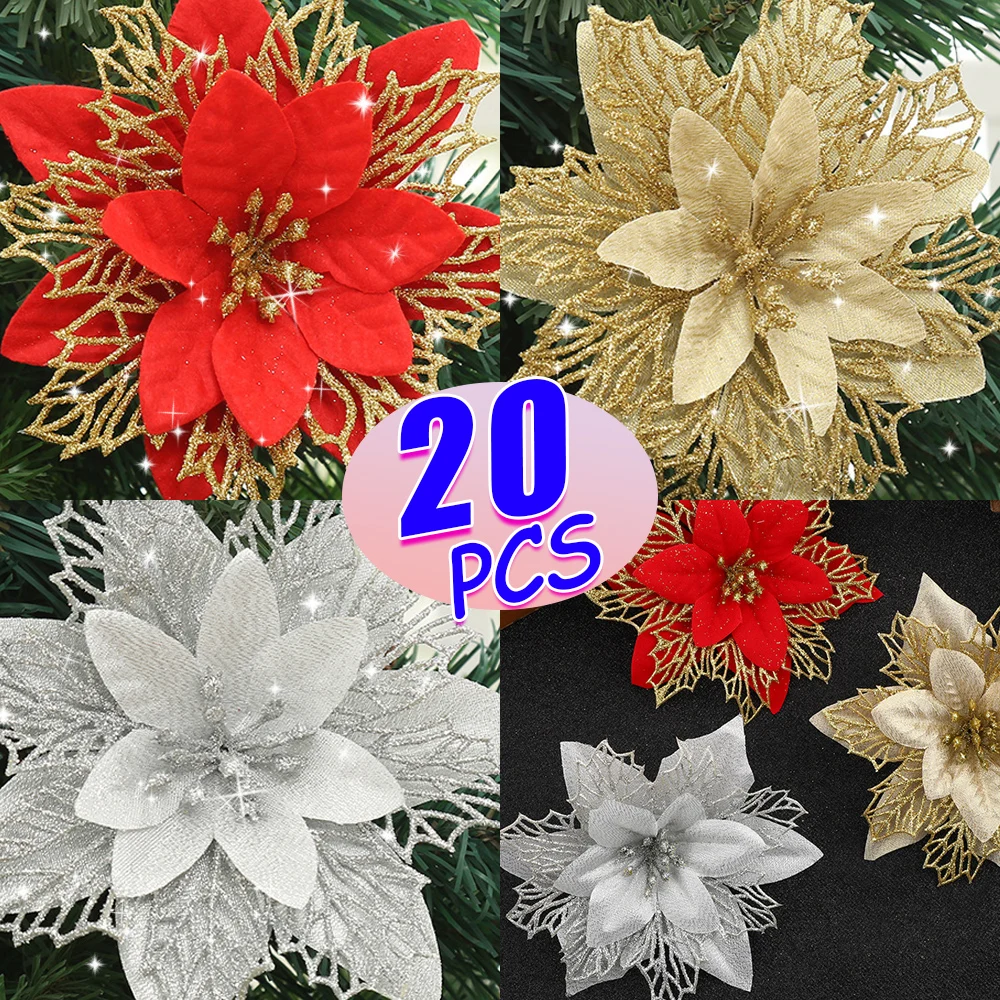 5-20 قطعة عيد الميلاد الزهور الاصطناعية بريق شجرة عيد الميلاد زخرفة الذهب الأحمر البونسيتة زهرة رئيس المنزل السنة الجديدة الطرف الديكور #1