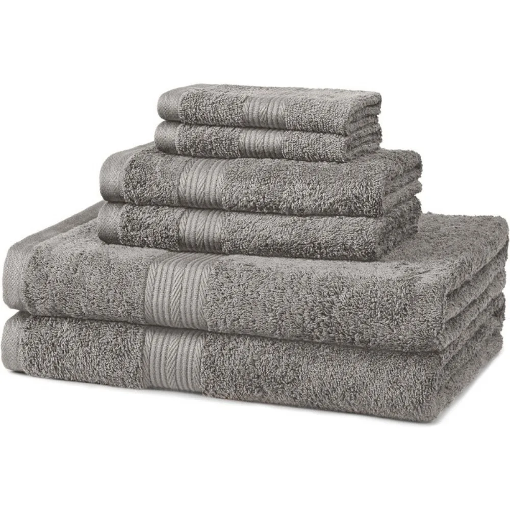 6 Piece Fade Resistant Oversize Bath Towel, Hand and Washcloth Set, Cotton, Gray