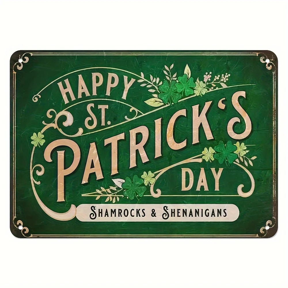 Vintage-Blechschild – Happy St. Patrick's Day mit Kleeblätter und Blumenakzenten, rustikale grüne Wandkunst für Innen-/Außendekoration, weit