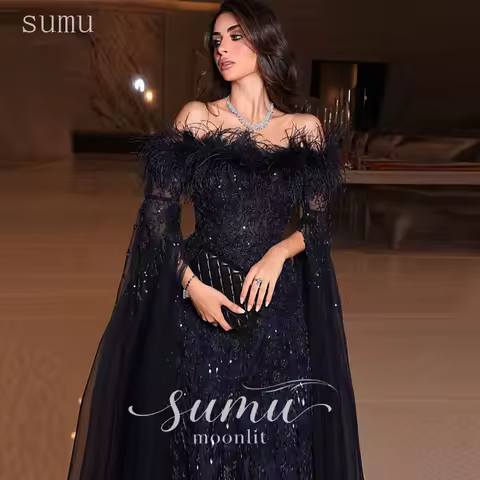 Moonlit Customized Feather Off The Shoulder Arabic Evening Dress Navy Blue Cape Sleeves Beaded Prom Dresses Long