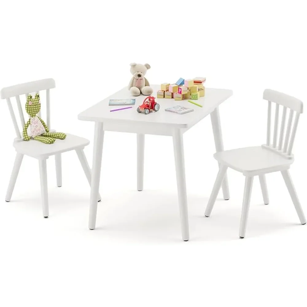 Windsor Kids Table and 2 Chair Set, Rubberwood Toddler Table and Chair Set for Art, Play, Craft, Activity, Children Table，White