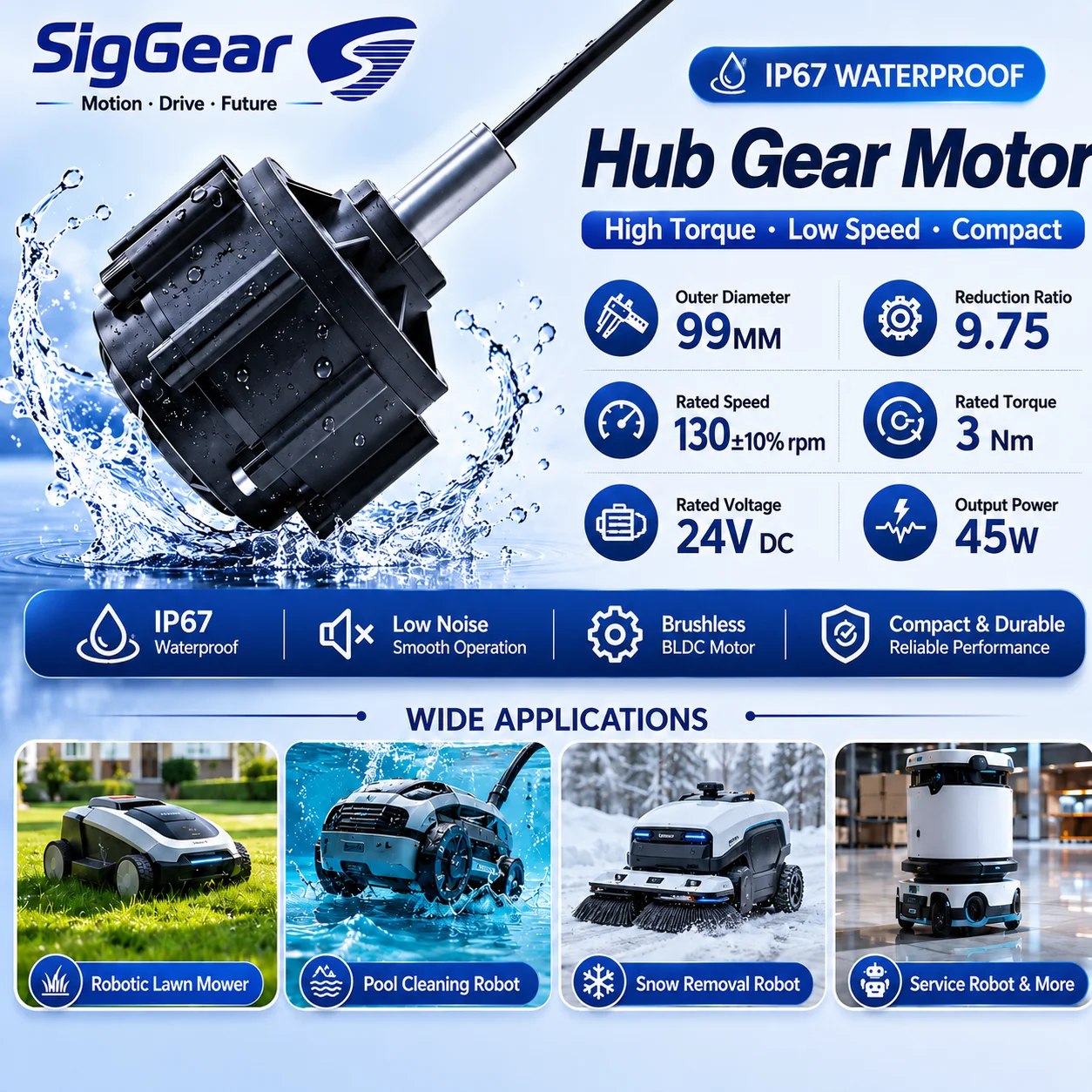 4 Inch 3Nm 130rpm Waterproof Brushless Geared Drive Wheel Hub Motor For Robot Lawn Mower Pool Cleaning Robot