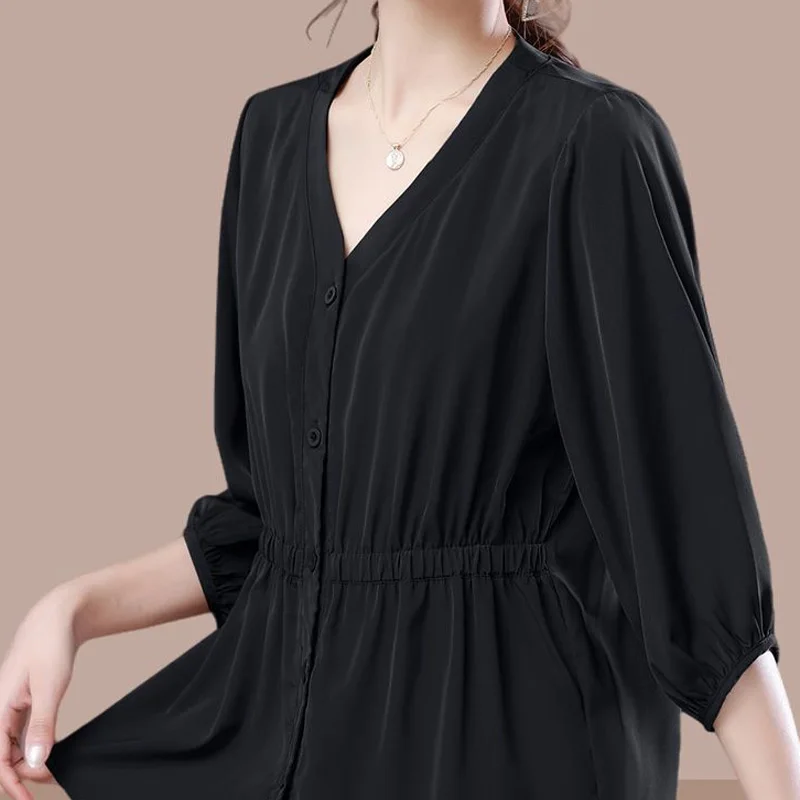 Summer Office Lady Comfortable Women\'s Clothing 3/4 Sleeve Pullovers Ladies Casual Solid Color Tops 2024 New Elastic Blouses