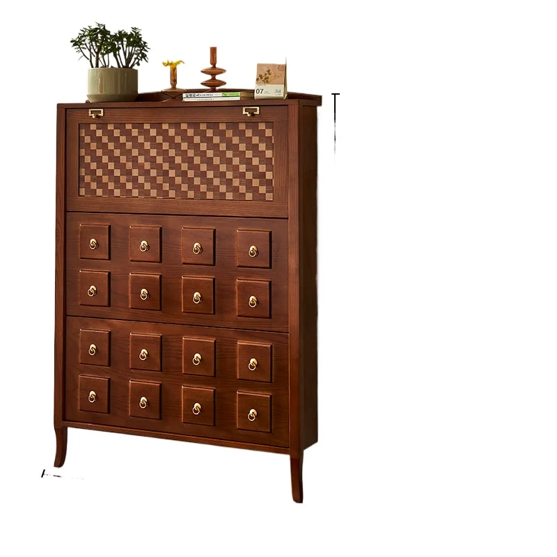 

French retro tipping bucket shoe cabinet, solid wood ultra-thin household door narrow entrance cabinet