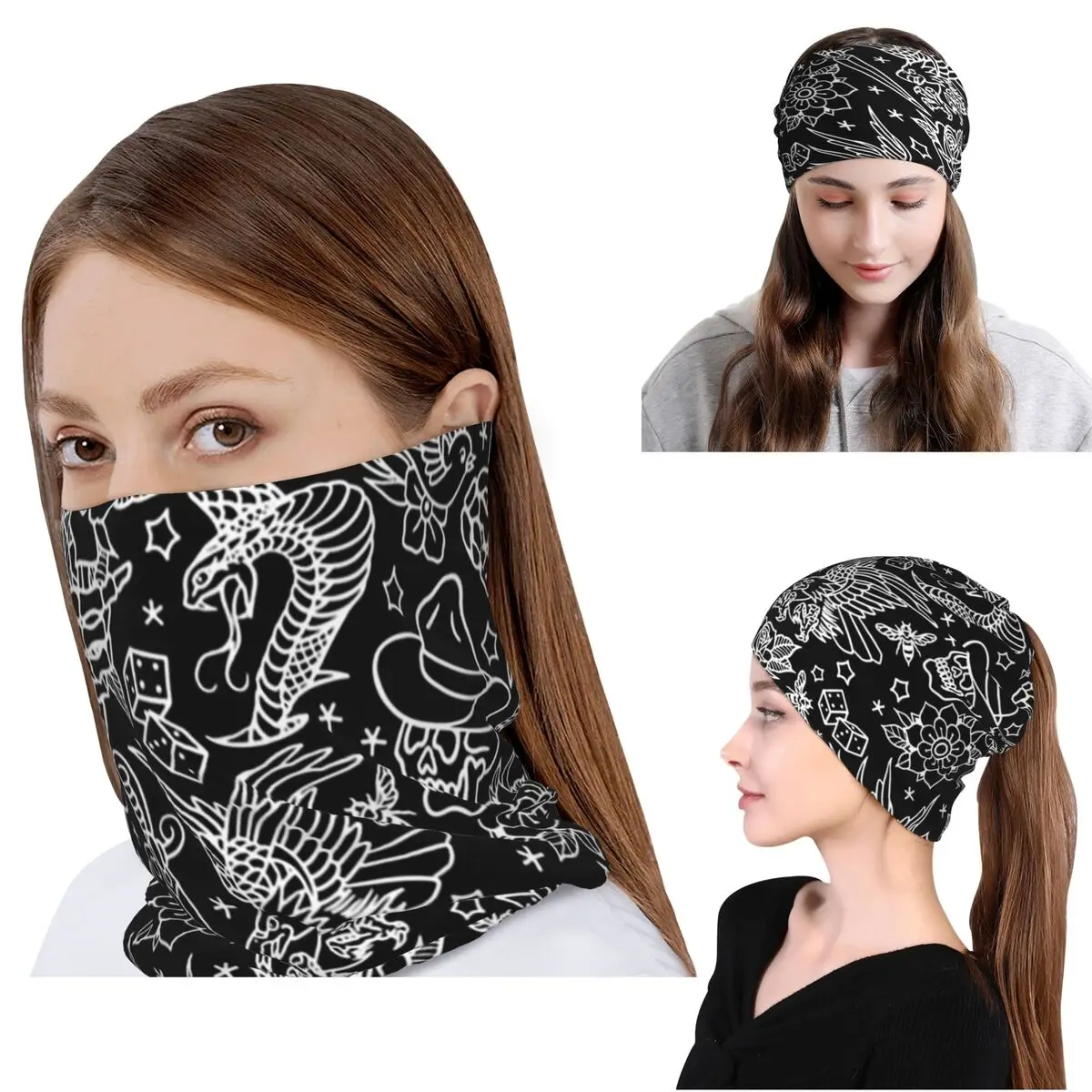 

American Traditional Tattoo Flash Print Bandana Neck Cover Wrap Mask Scarf Multifunction Headband Beanies Hat Unisex Adult
