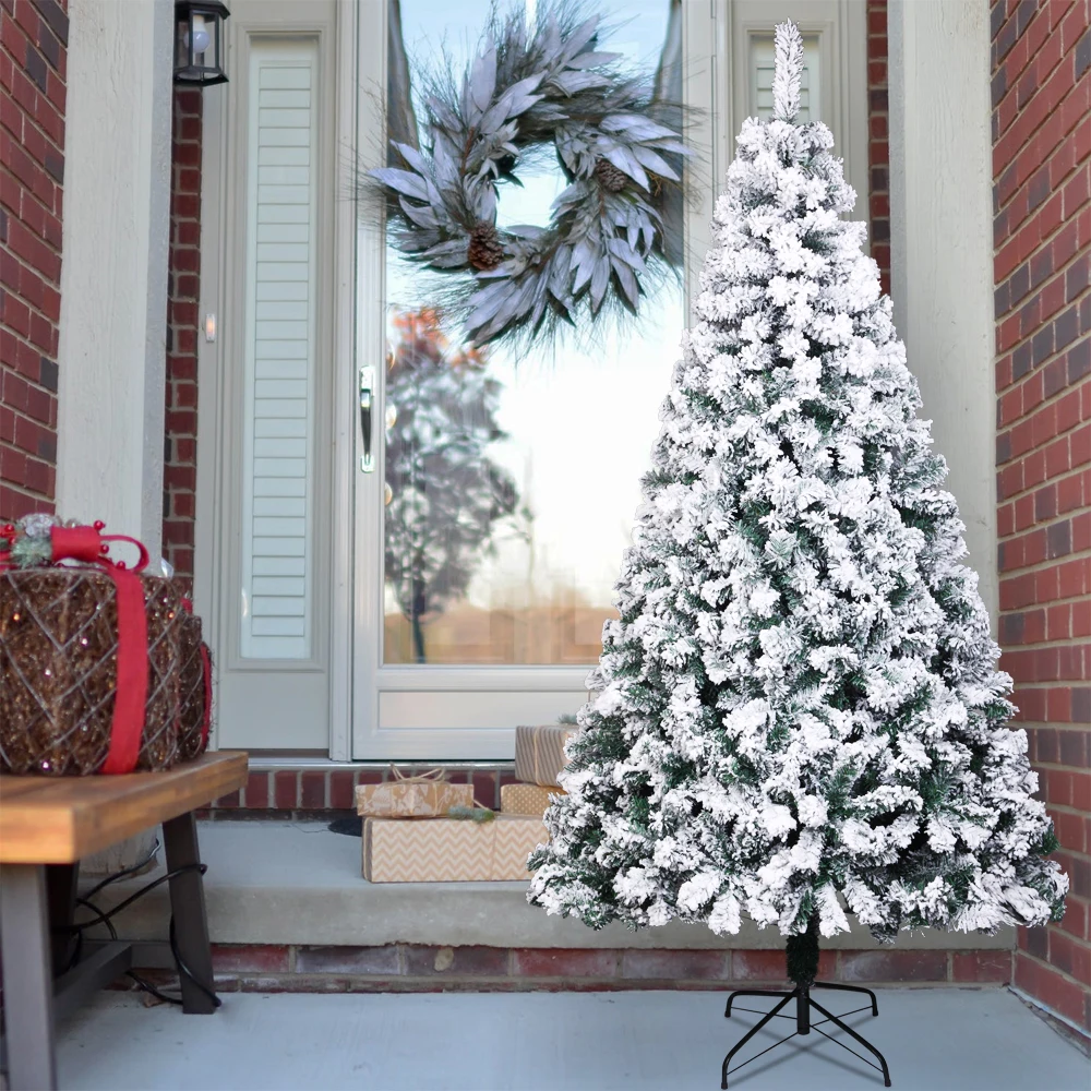 6FT PVC Flocking Christmas Tree 750 Branches Spread Out Naturally Tree