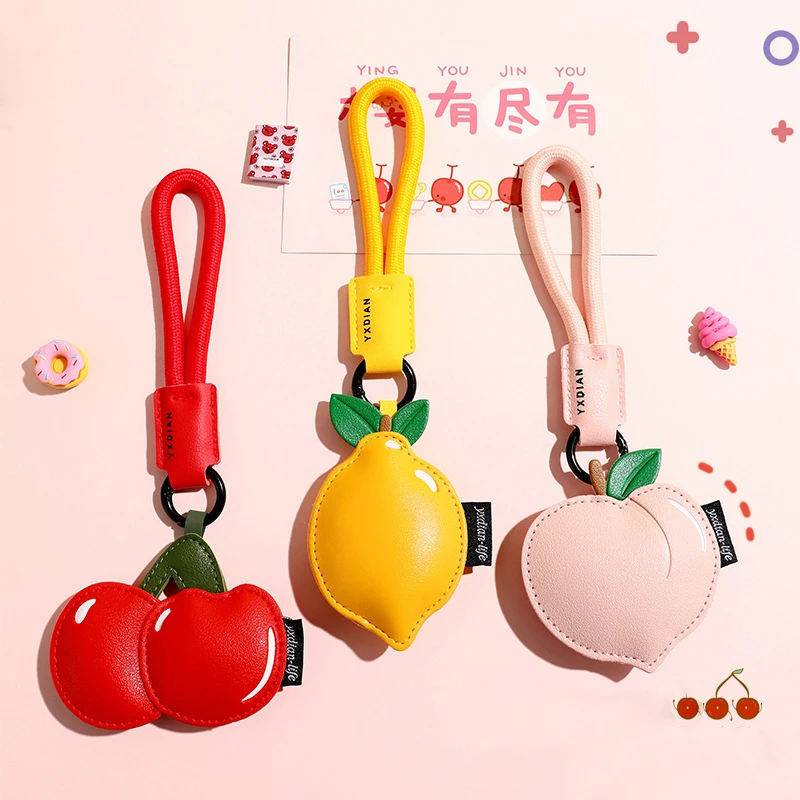 Cartoon PU Leather Cute Fruit Pink Peach Ring Key Chain Fashion Yellow Lemon Red Cherry Braided Rope Keyring Car Bag Accessories