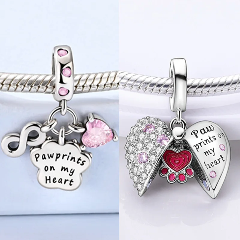 925 Sterling Silver Heart Paw Print Charms Pendant Fit Original Bracelet Bead DIY Women Jewelry Gift