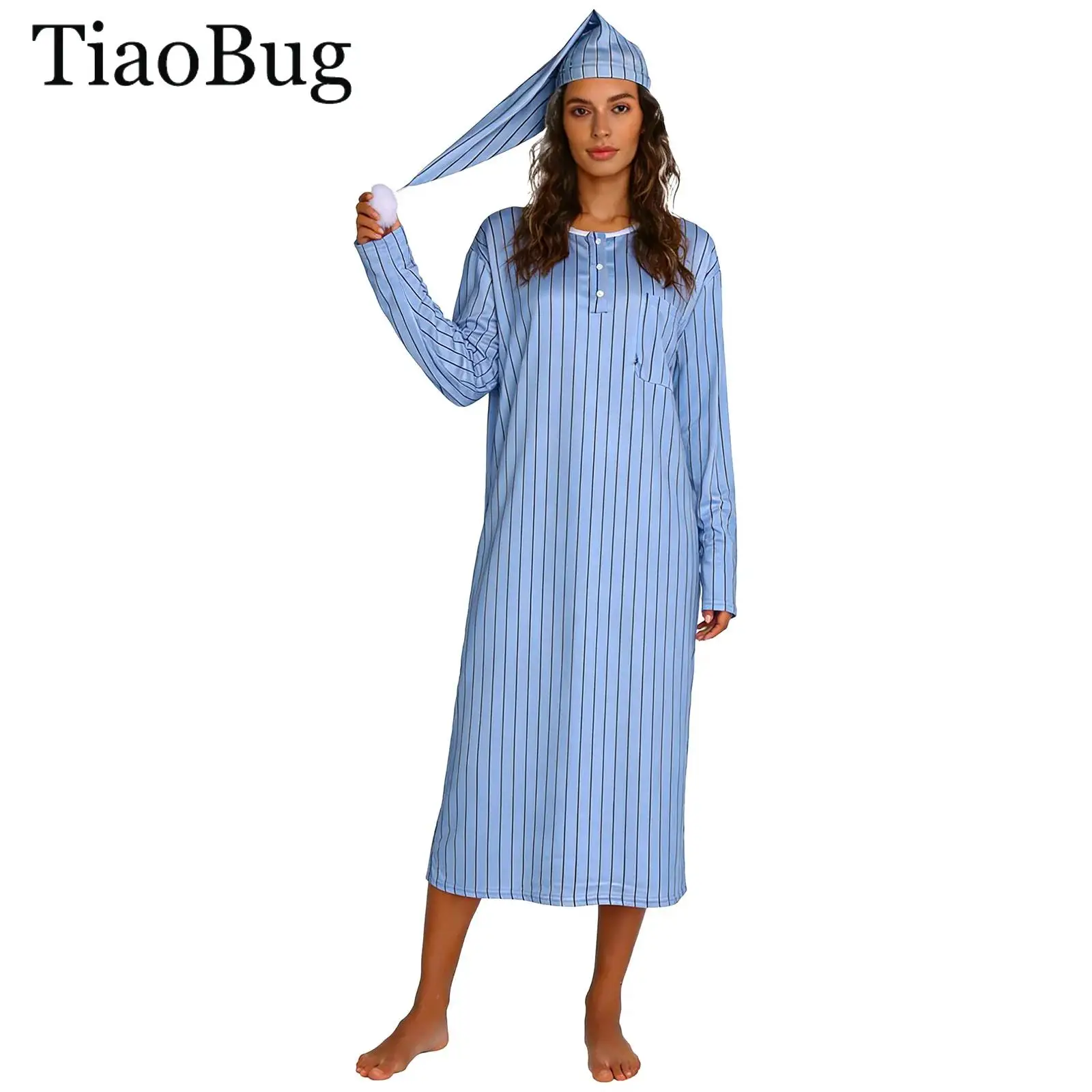 

Women Christmas Striped Nightgown with Sleeping Hat Pajamas Set Soft Loose Sleep Robe Long Sleeve Nightshirt Halloween Dress