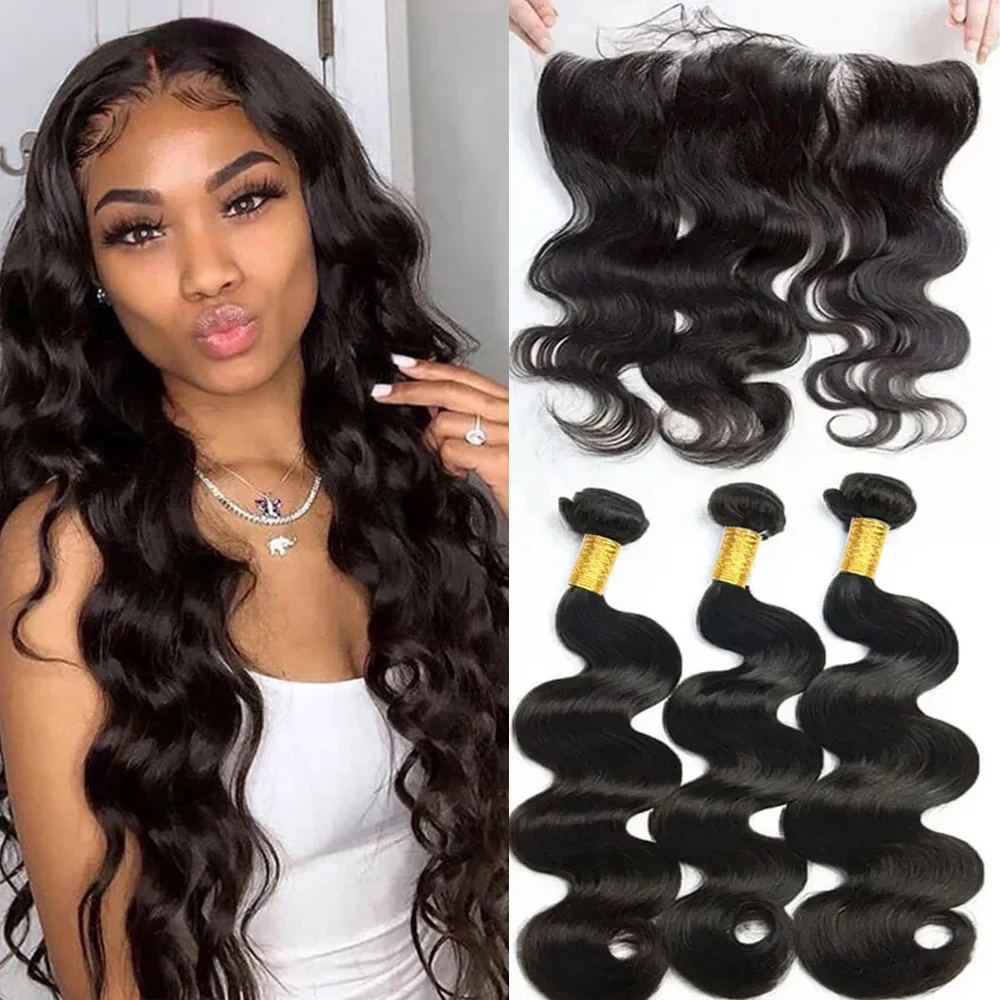 

32 Inch Brazilian Body Wave Human Hair Bundles With 13x4 Lace Frontal Wavy Bundles Hair Body Wave Weaves Deal Bundle and Frontal