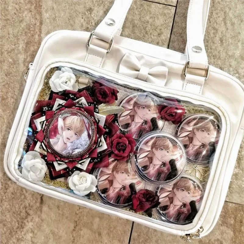 

Japanese Kawaii Clear Bow Ita Bag Women Anime Badge Decor Shoulder Bag Ladies Large Capacity JK Uniform Style Leather Handbag