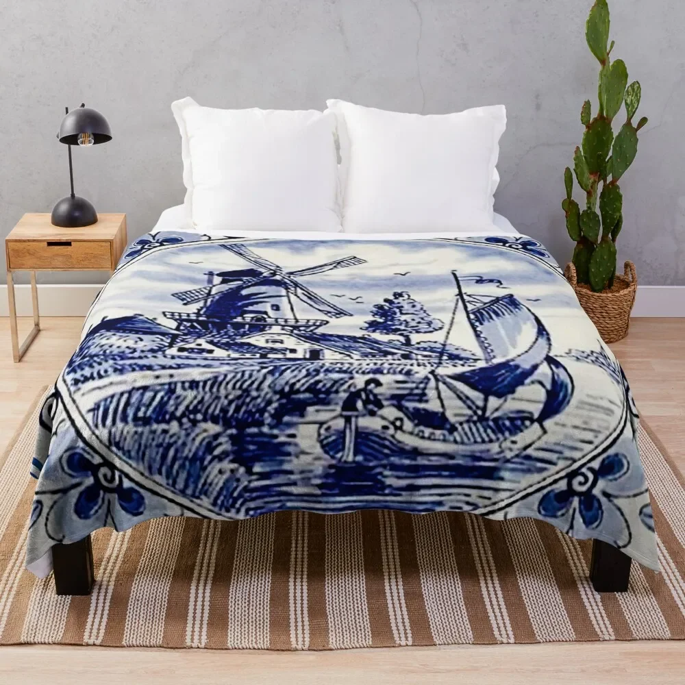 

Vintage Windmill Poster In Dutch Blue Delft Throw Blanket Shaggy Decorative Beds Blankets