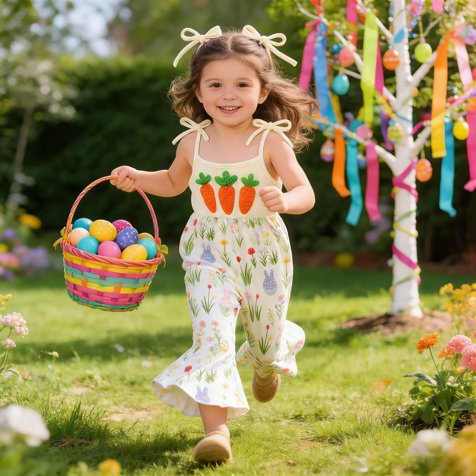 

Пасхальный комбинезон без рукавов для девочек с вышивкой в виде кролика и расклешенными брюками пастельных тонов с цветочным принтом