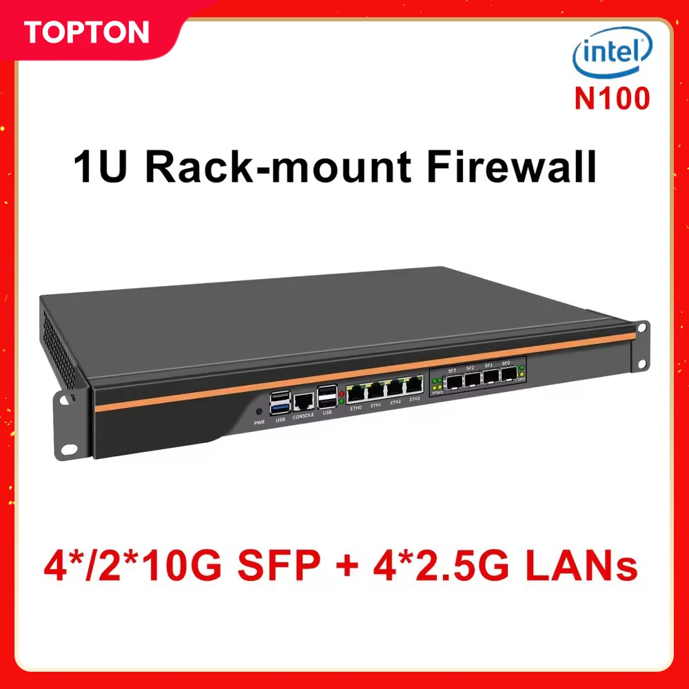 Topton 1U Rack-mount Firewall Home Server Mini PC Intel Alder Lake N100 4*/2*10G SFP+ 4*i226-V 2.5G LANs Network Security Host