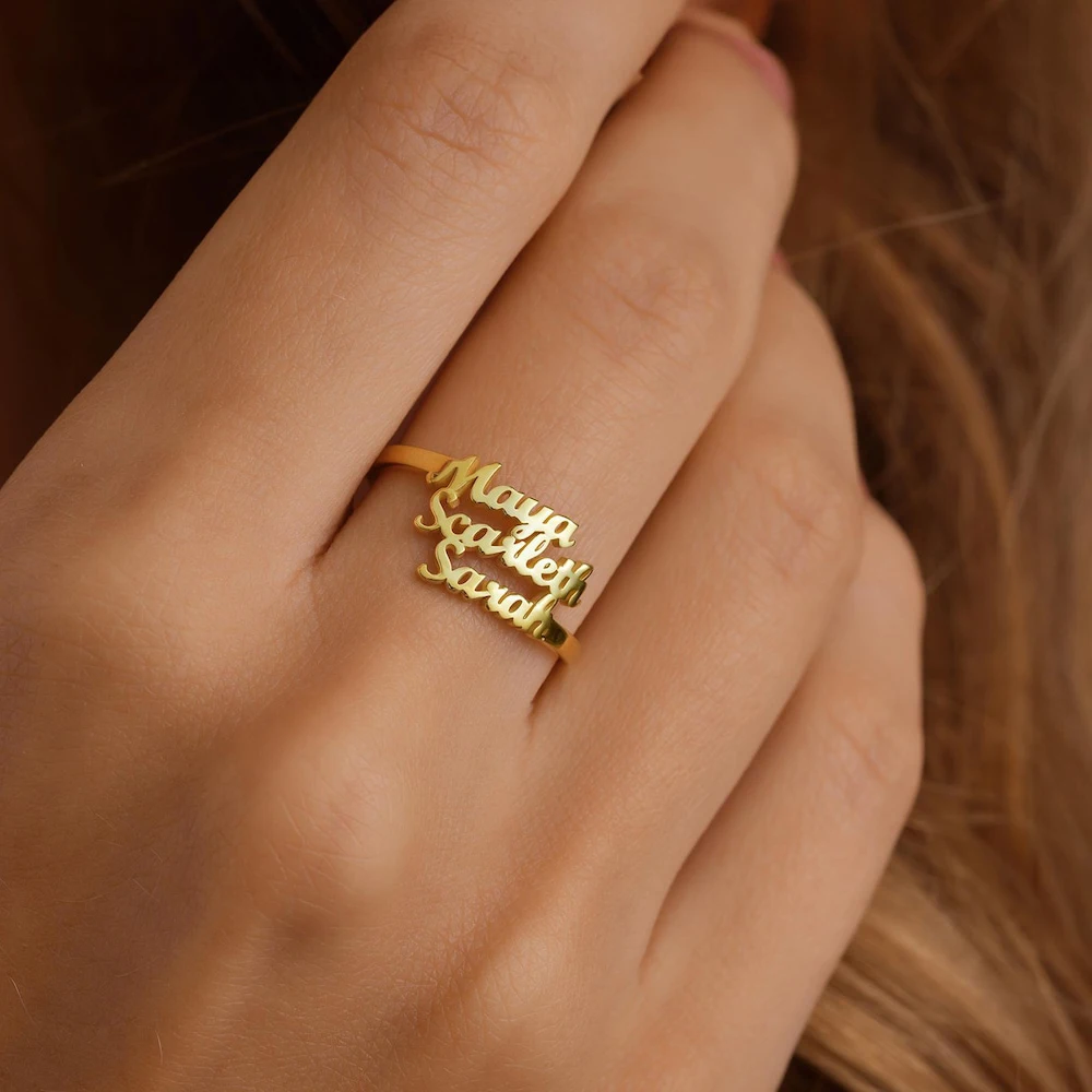 

Custom Three Names Ring Stainless Steel Stackable Initial Ring Women Personalized Gold Ring Elegant Birthday Gift Family Jewelry