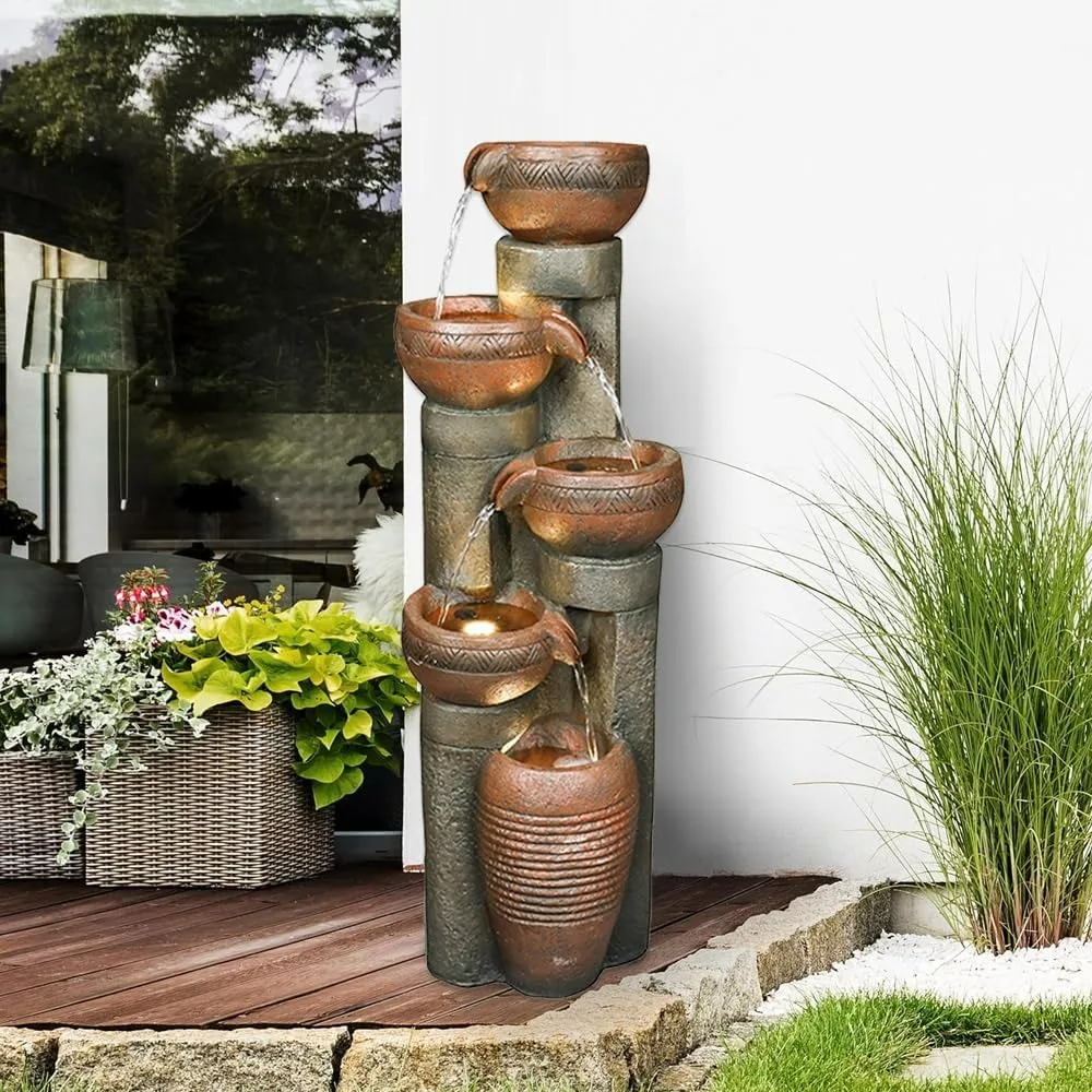 

Outdoor Garden Water Fountain-Indoor Polyresin Waterfall Floor-Standing Fountains with LED Lights for Garden, Patio, Deck, Porch