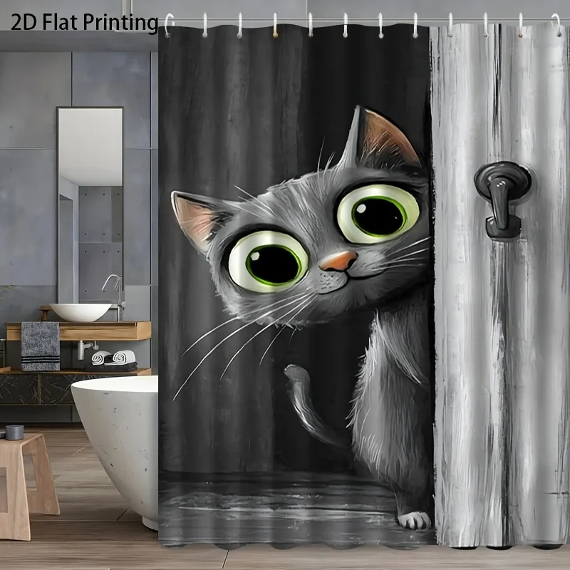2D Flat, 2D Flat, 1pc with Hook, Fun Big-Eyed Gray Cat Peek-A-Boo Pattern, 2D Flat Shower Curtain, Machine Washable, High-End El
