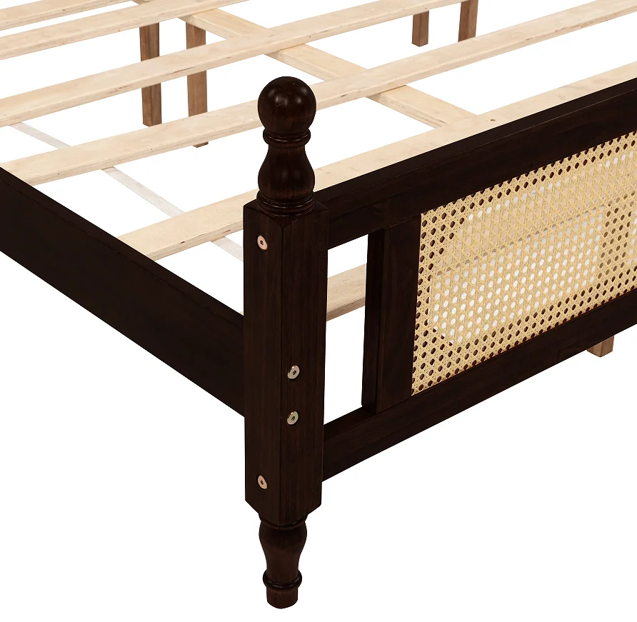 #King Pine Wooden Bed With Rattan Headboard And Footboard, With Central Enhanced Bed Platform