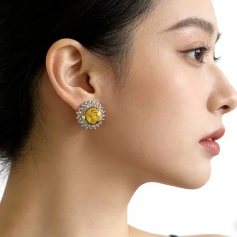 

8mm Yin Carving Rose Flower Inlaid Princess Diana Style 925 Silver Earrings Gold Amber