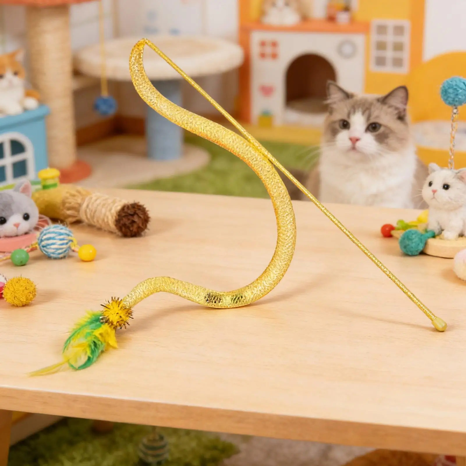 Cat Toy Wand Squeaky Teaser Stick with Feathers Snake Shape 