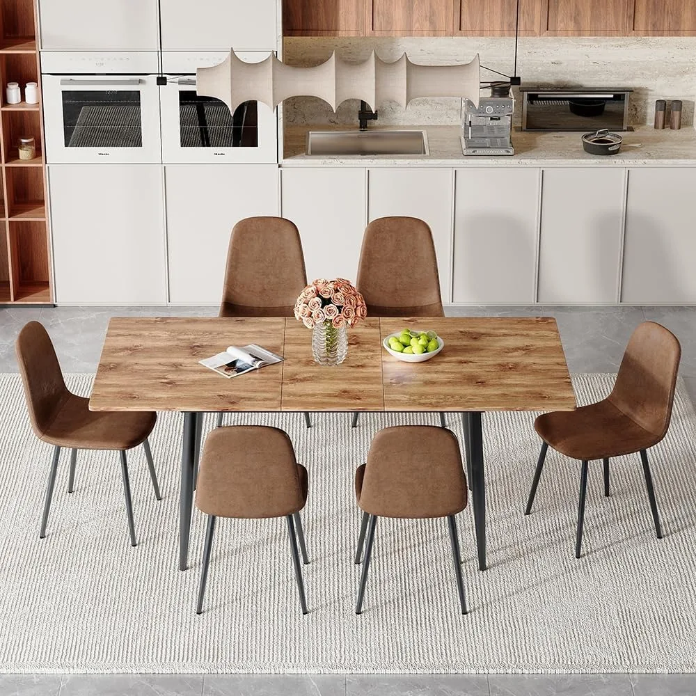 

Extendable Dining Room Table Set for 6,59-75 Wooden Kitchen Table with Cushioned Chairs Set of 6, Mid Century Modern